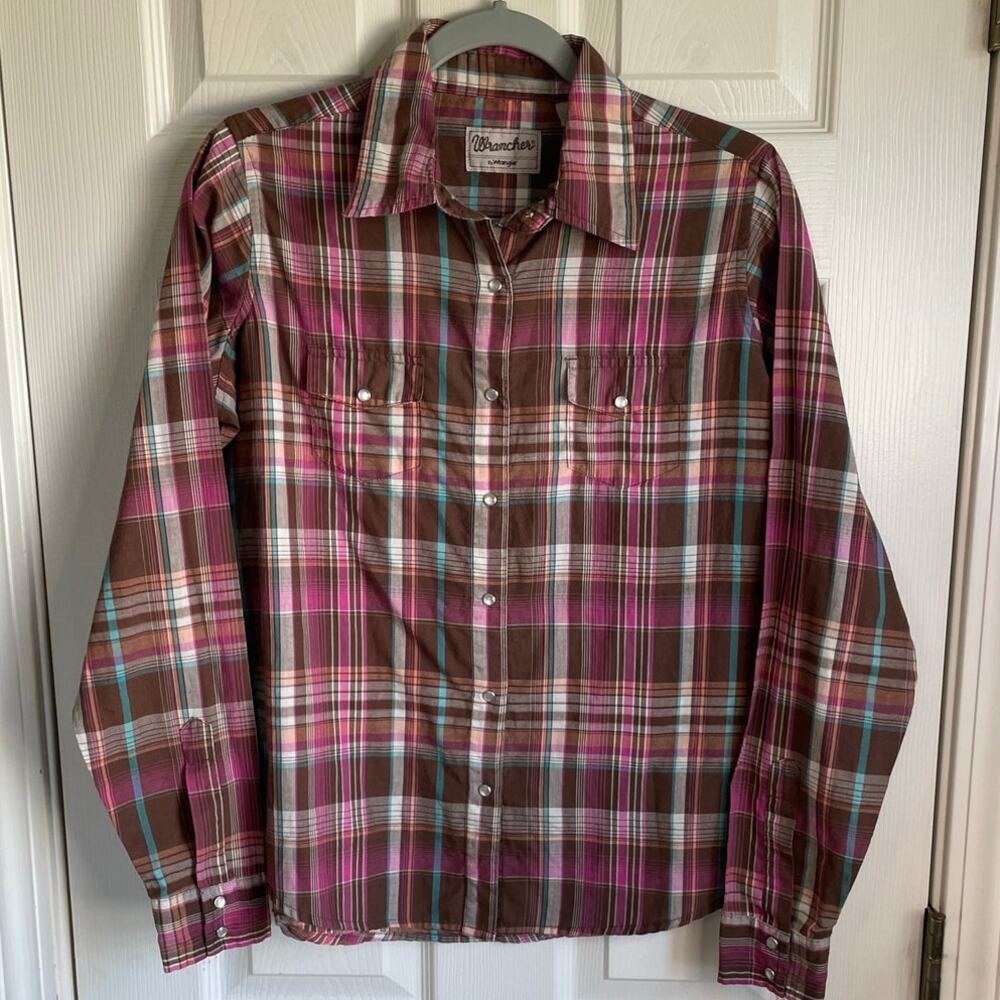 Wrangler Wrancher Plaid Western Pearl Snap Shirt Pink Brown Cowgirl Sz L Casual